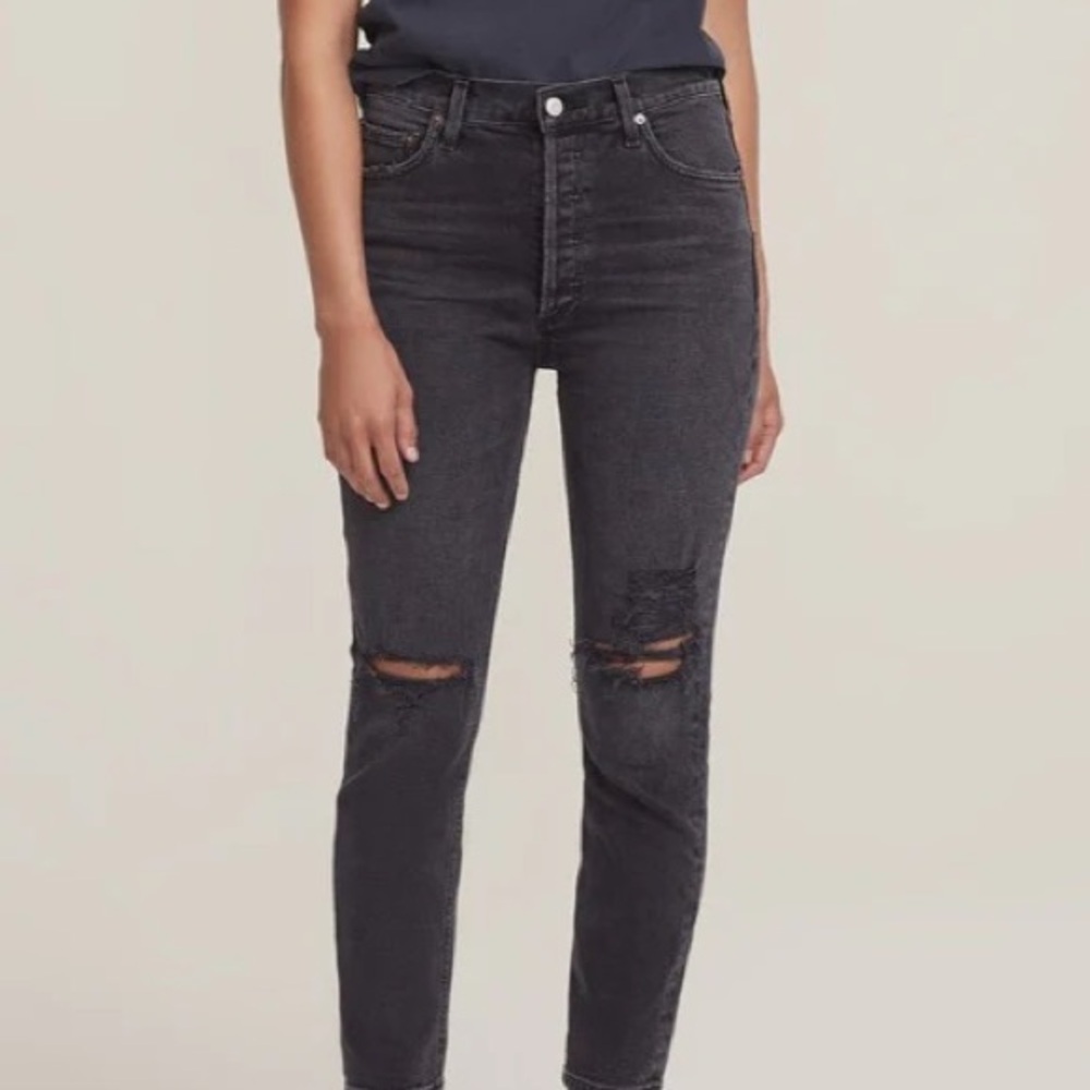 Agolde Nico High Rise Button Fly Washed Black Denim Straight Leg Jean Womens 27